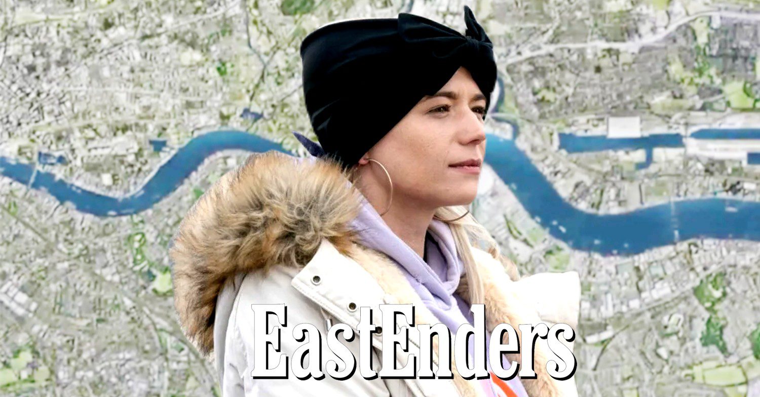 Lola on EastEnders, looking into the distance - composited against EastEnders background and logo (Credit: BBC/Composite: ED!)