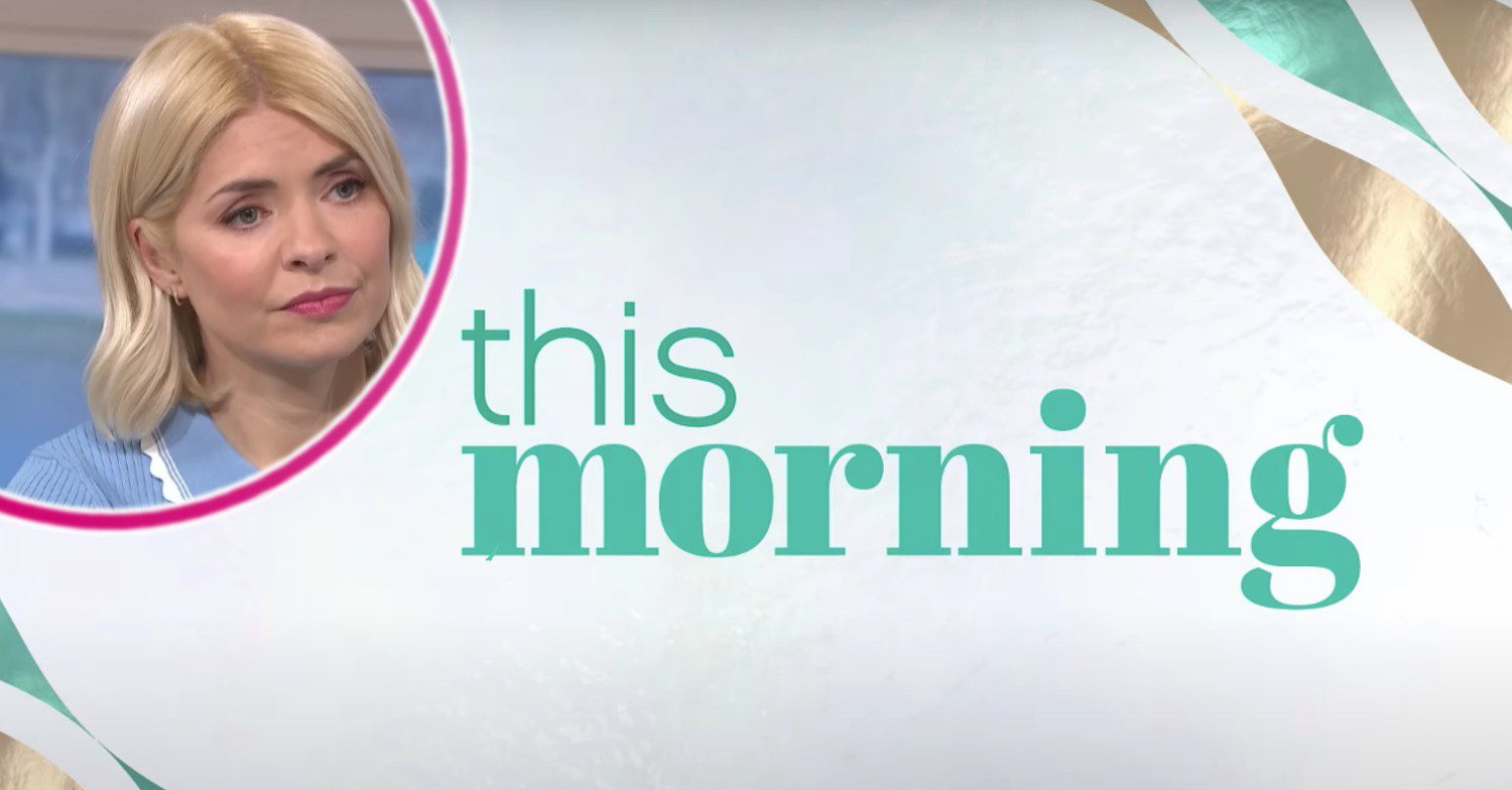 Holly Willoughby looking serious with the This Morning logo