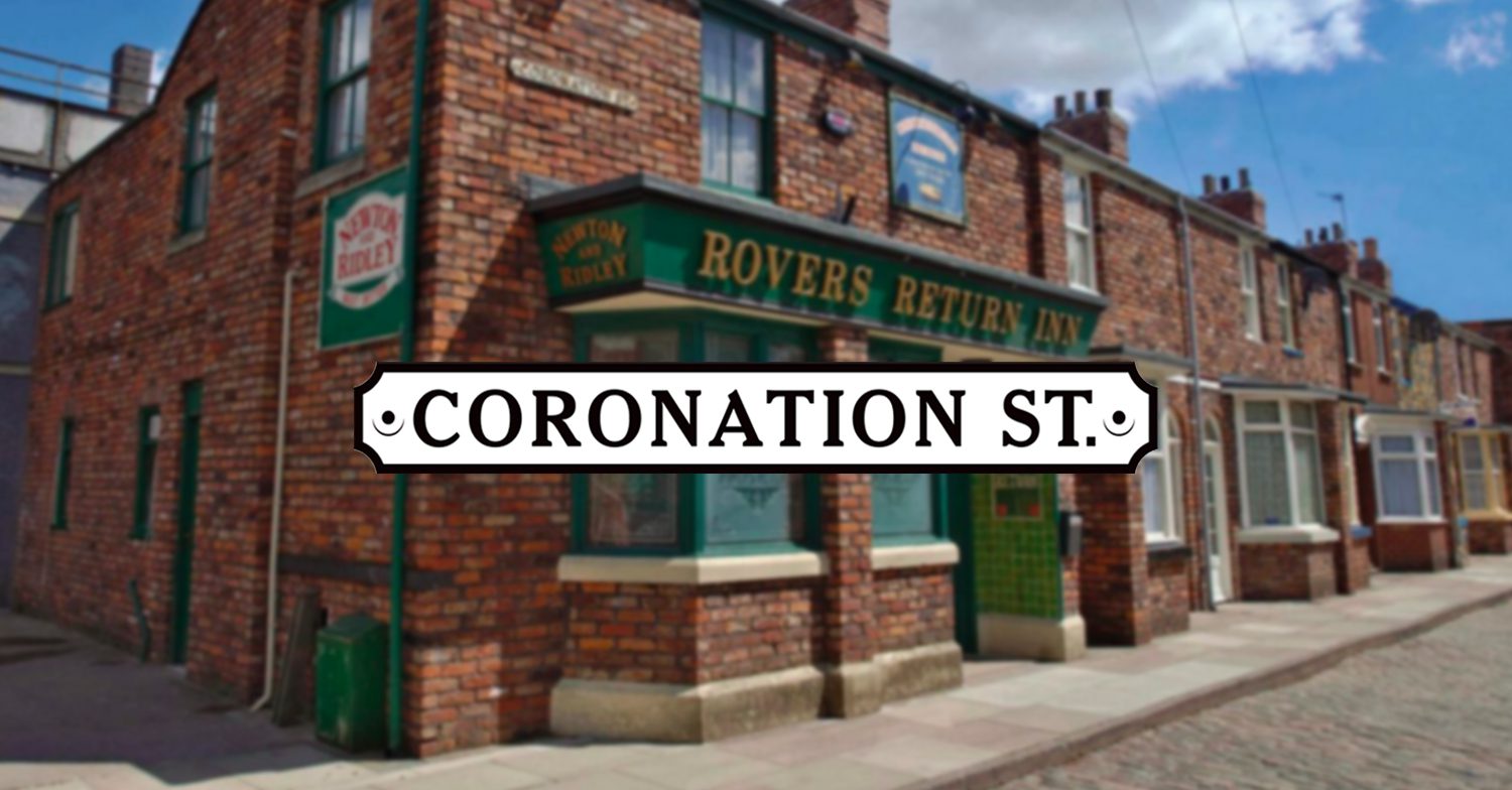 Coronation Street's logo with the background of the Rovers
