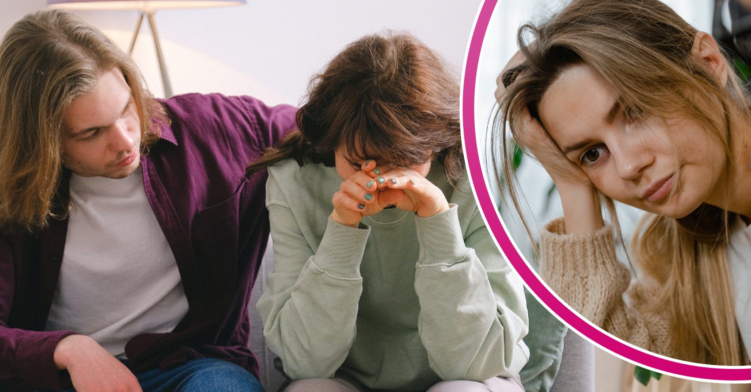 Sad couple, stressed woman frowns