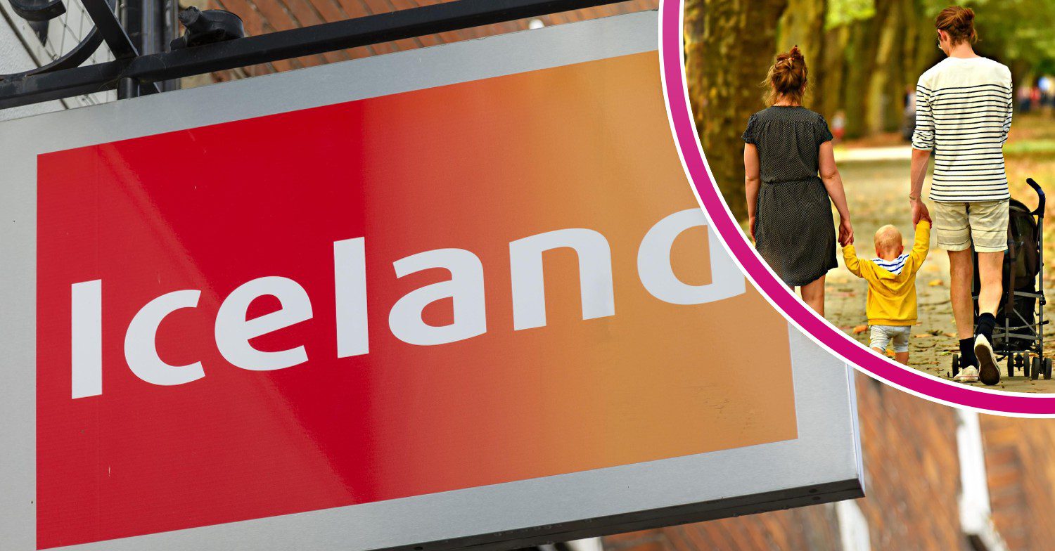 Iceland logo and parents walking with child