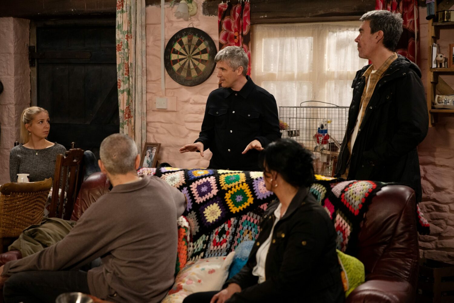 Emmerdale's Caleb, Belle, Sam, Moira and Cain are at the Dingles