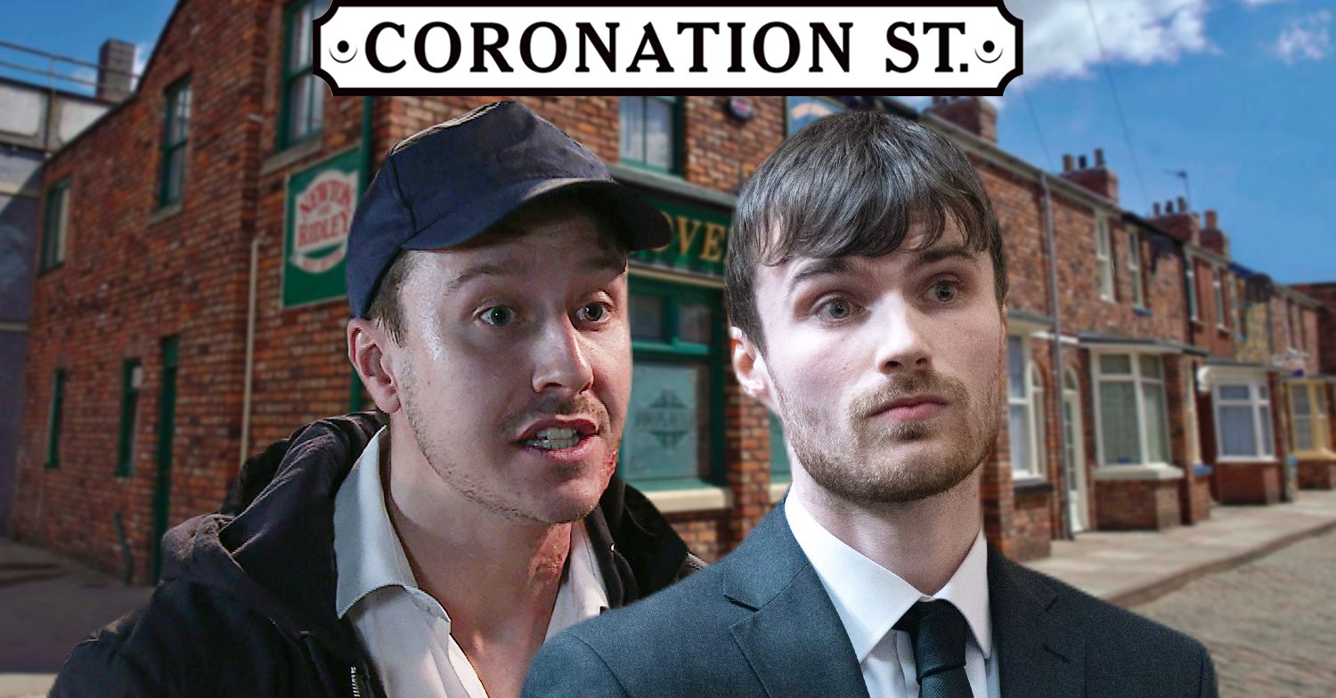 Coronation Street's Ryan, Justin, the Coronation Street logo and background of the Rovers
