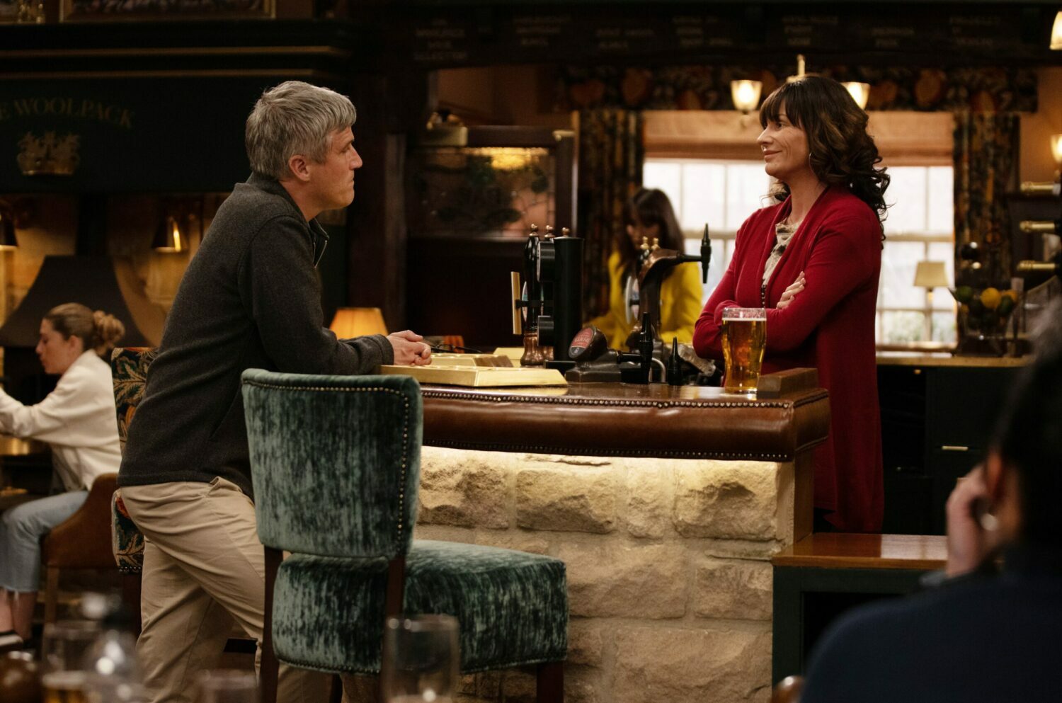 Caleb talks to Chas in the Woolpack on Emmerdale