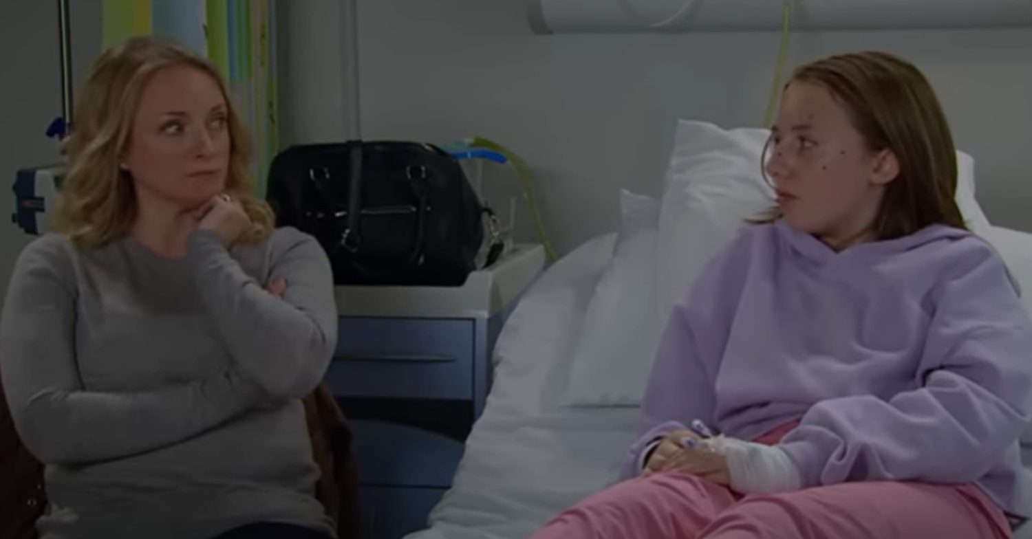 Emmerdale's Angel and Nicola are sitting in Angel's hospital room