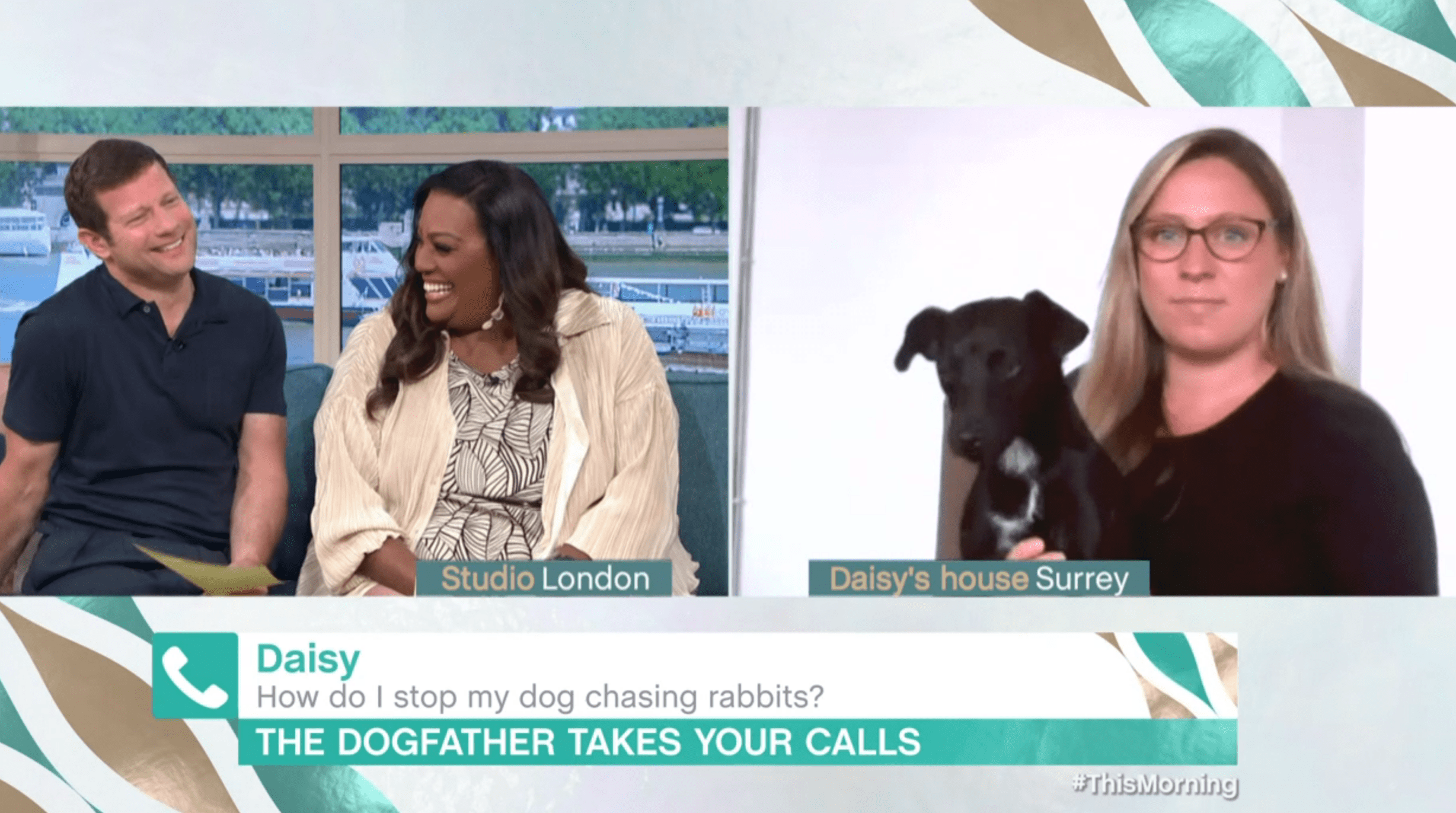 Alison and Dermot laughing on This Morning with a woman holding a dog