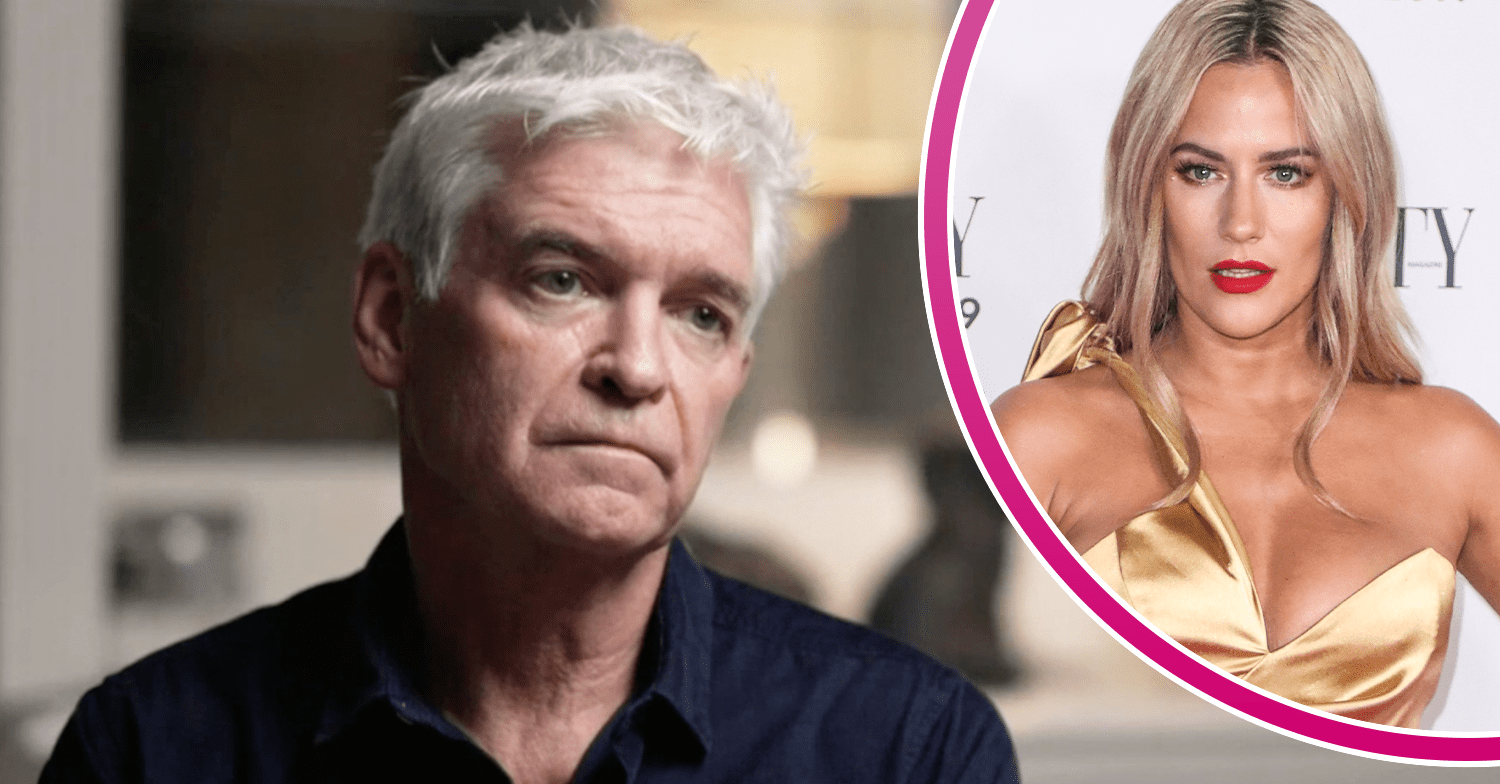 Phillip Schofield looking sad and Caroline Flack in a gold dress