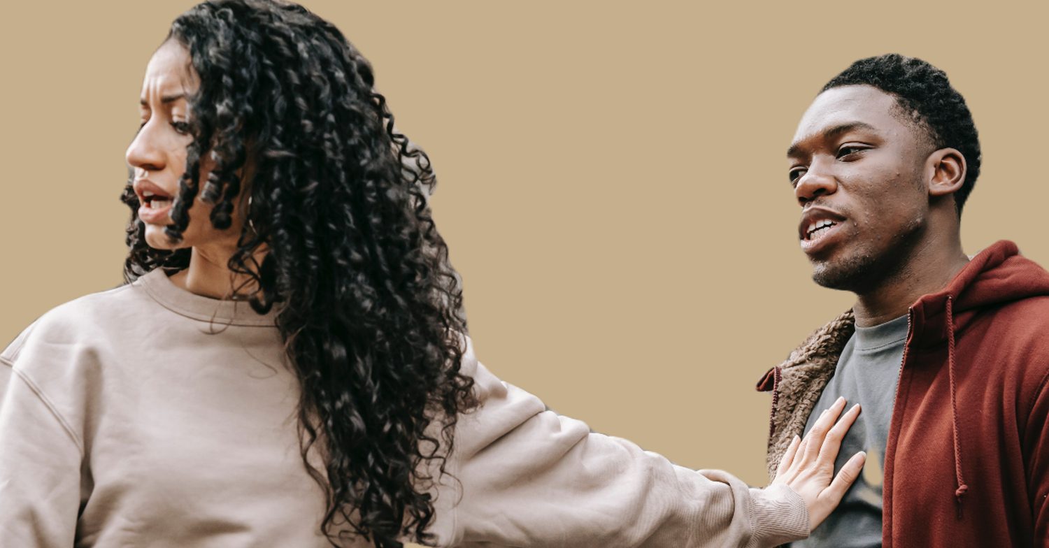 Woman pushes back man in front of to beige background