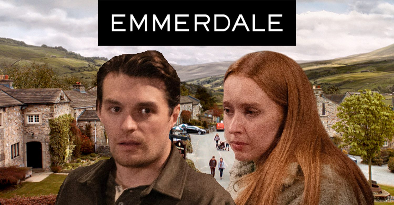 Emmerdale's Mack, Chloe, the Emmerdale logo and background of the Dales