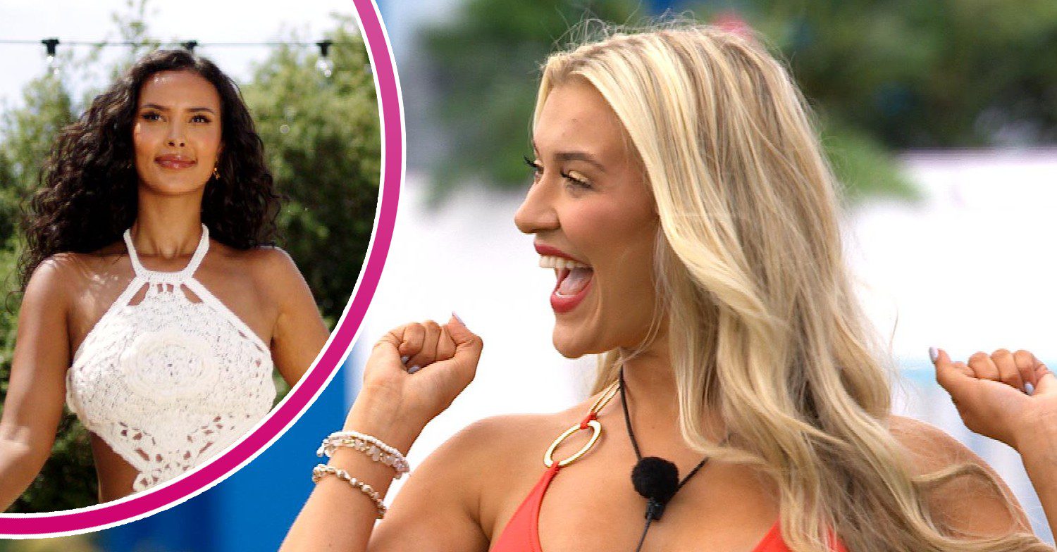 Maya Jama and contestant smile on Love Island