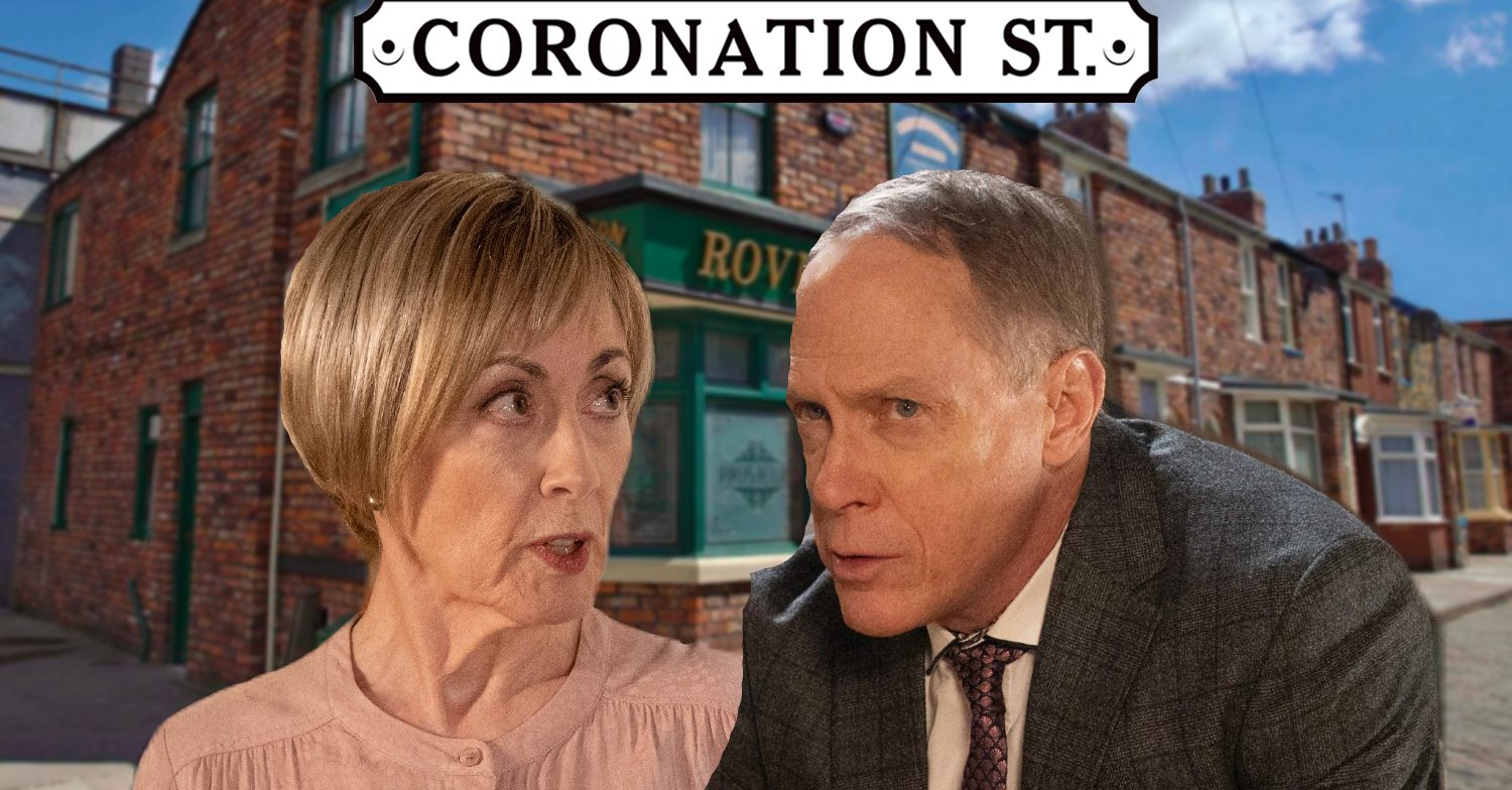 Coronation Street's Elaine, Stephen, the Coronation Street logo and background of the Rovers