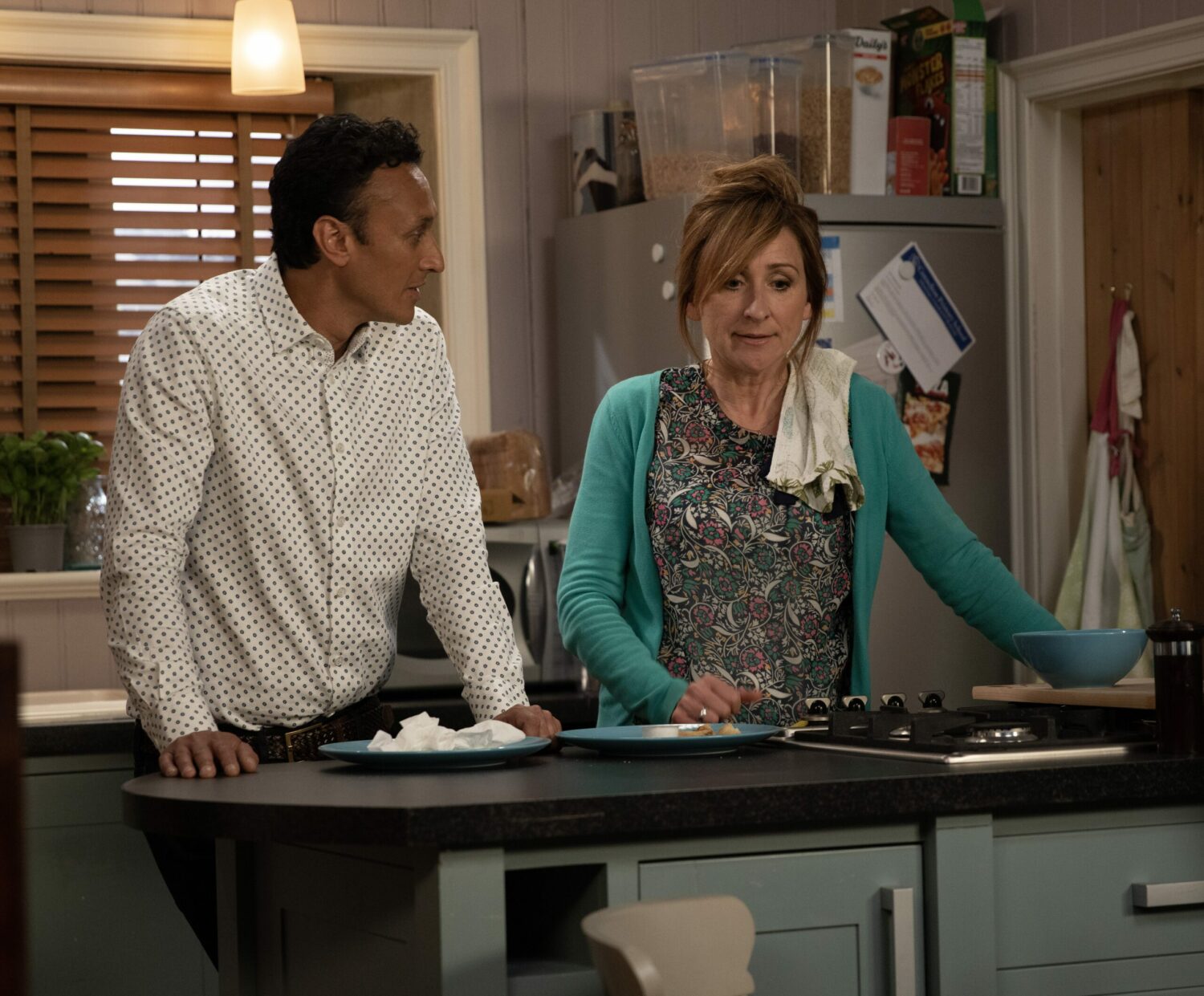 Jai and Laurel in Emmerdale look tense