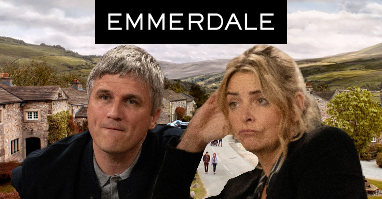 Emmerdale's Caleb, Charity, the Emmerdale logo and background of the Dales