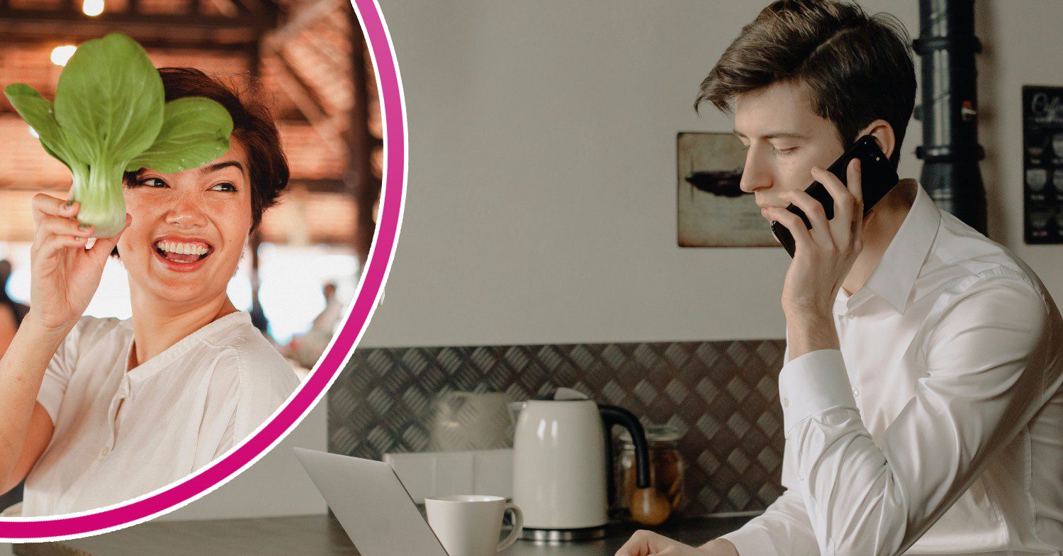 Man speaks on phone, girl smiles with vegetable