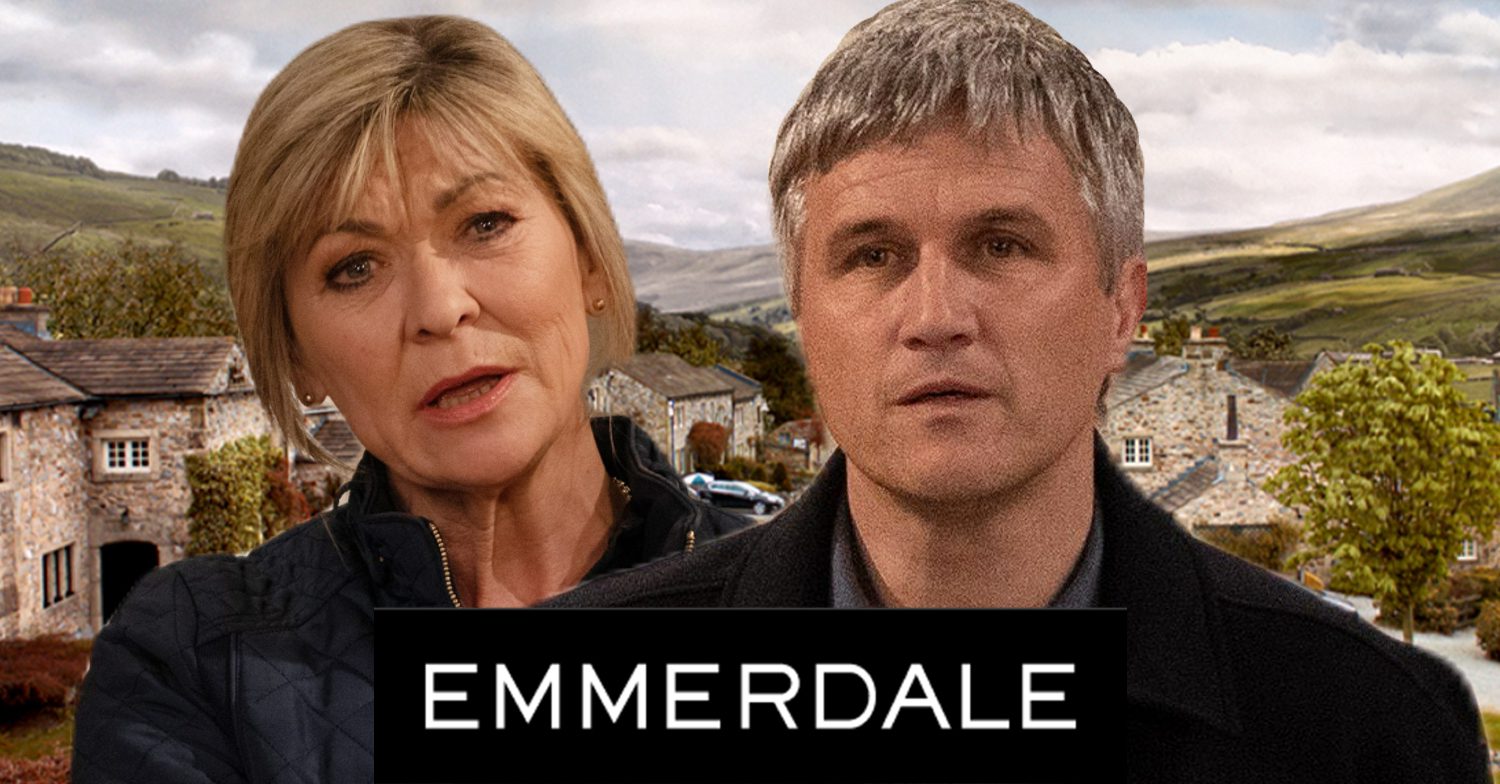 Emmerdale's Kim, Caleb, the Emmerdale logo and background of the Dales