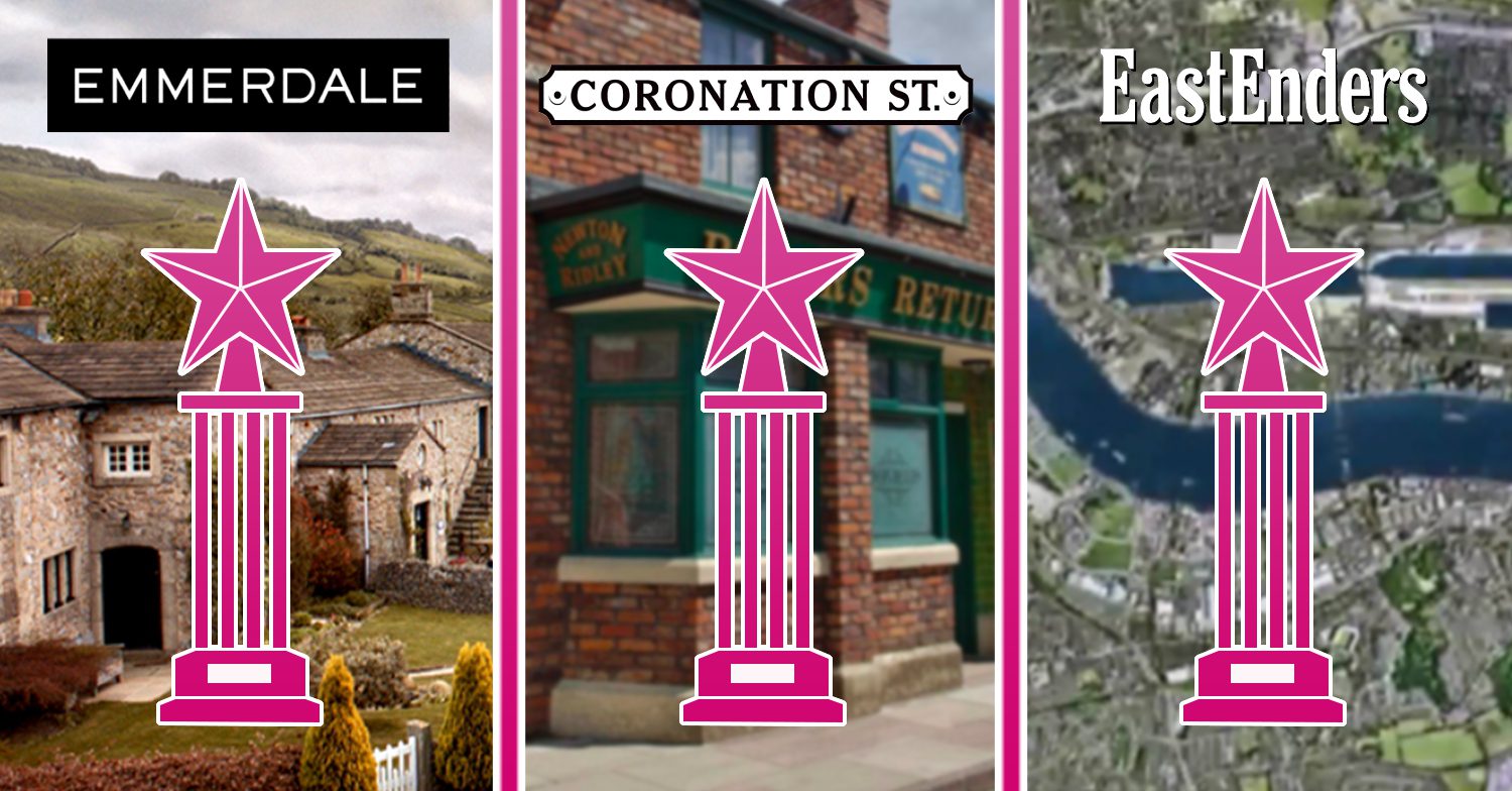 The Emmerdale, Coronation Street and EastEnders logos and backgrounds with three pink trophies