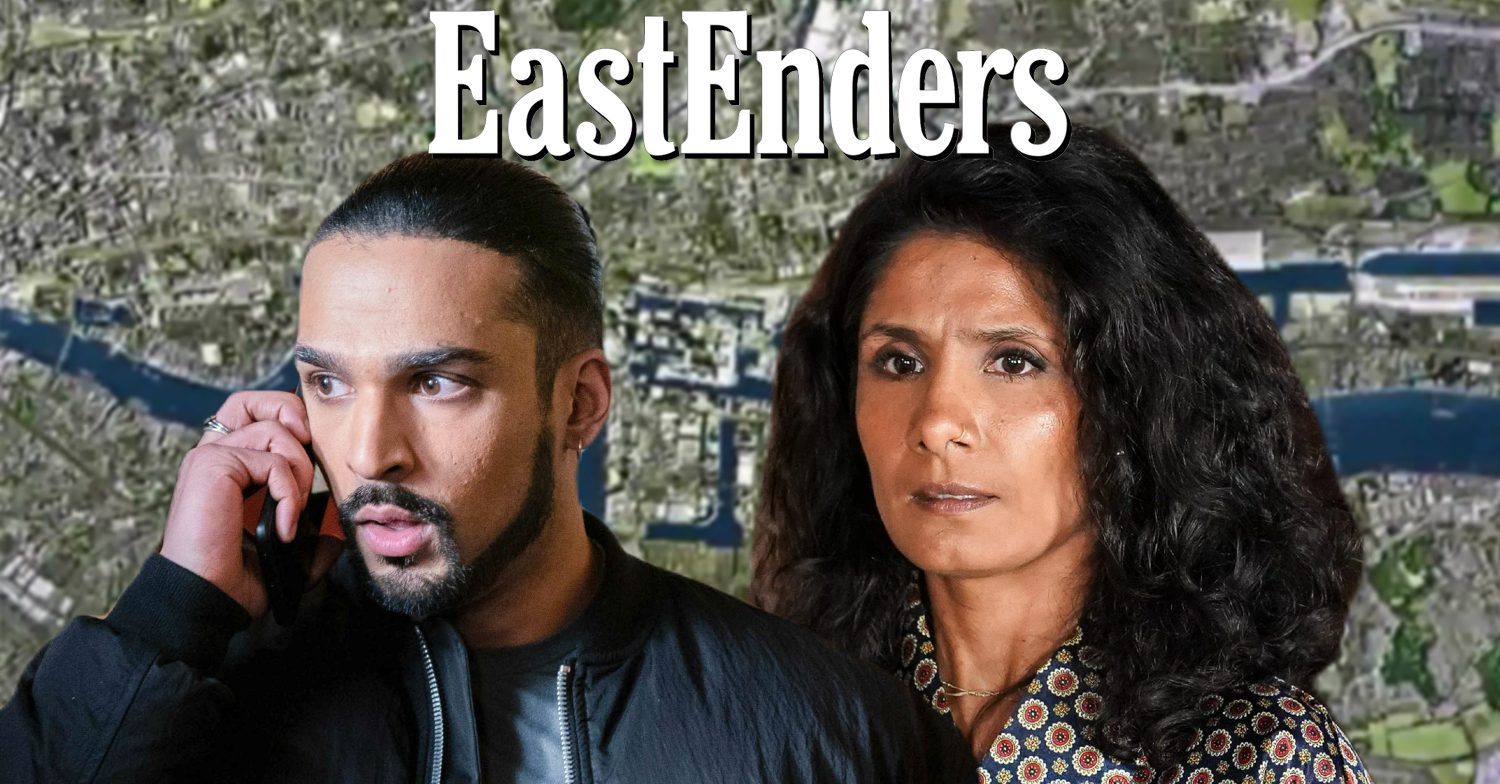 EastEnders' Ravi, Suki, the EastEnders logo and background of the Thames