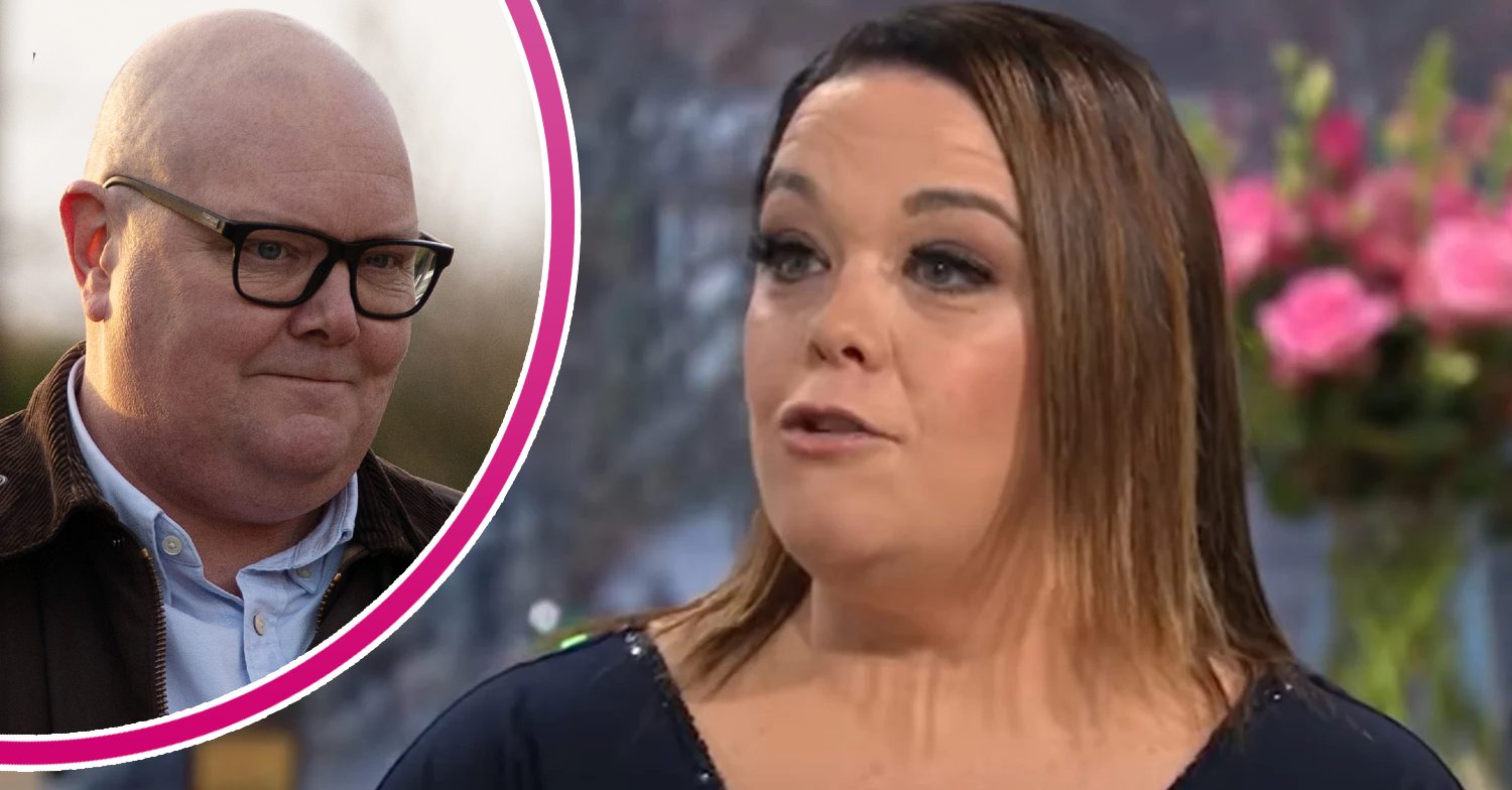 Emmerdale's Lisa Riley and, in a bubble, Paddy Kirk