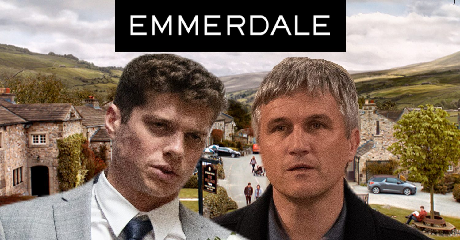 Emmerdale's Nicky, Caleb, the Emmerdale logo and the background of the Dales