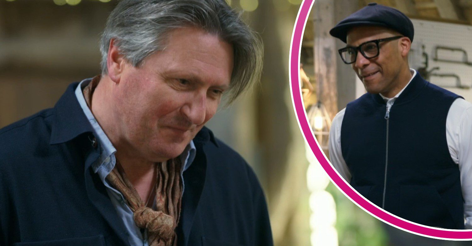 Simon Armitage smiles with Jay Blades on The Repair Shop on BBC