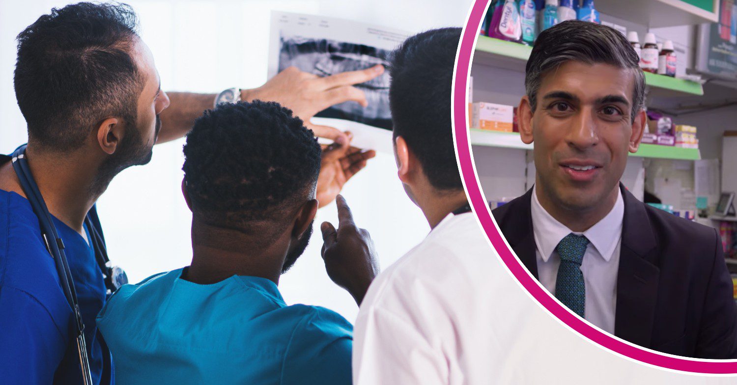 Doctors inspect an x-ray, Rishi Sunak smiles