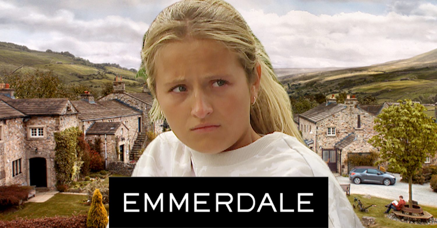 Emmerdale's Amelia, the Emmerdale logo and background of the Dales