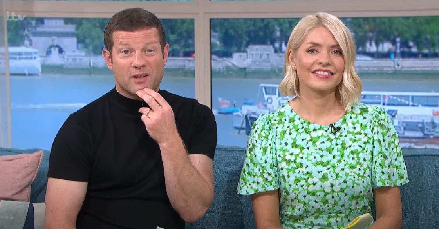 Dermot O'Leary talking as Holly Willoughby smiles on This Morning