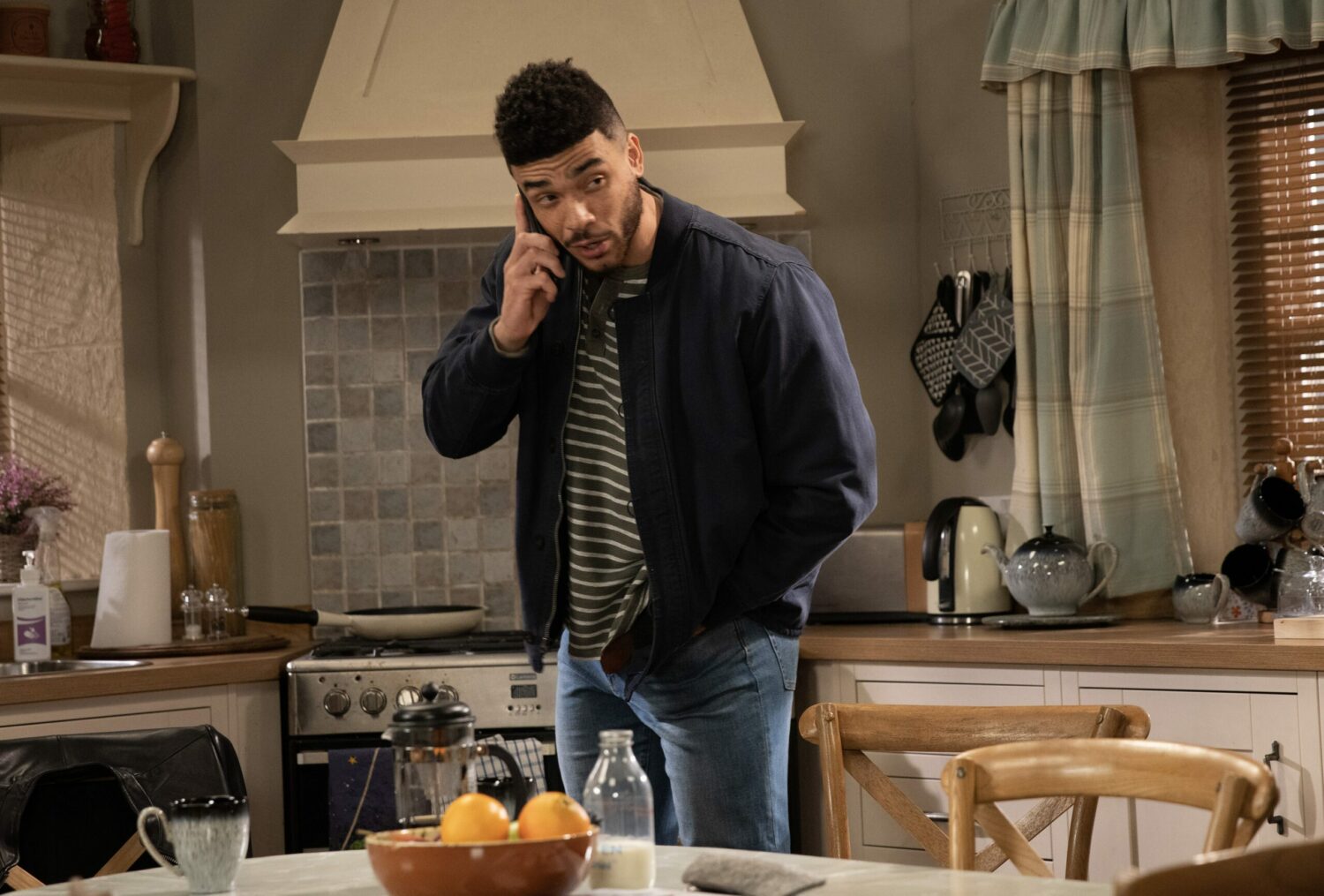 Nate on the phone in Emmerdale