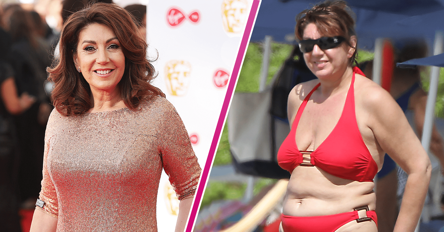 Jane McDonald in a gold dress and in a red bikini