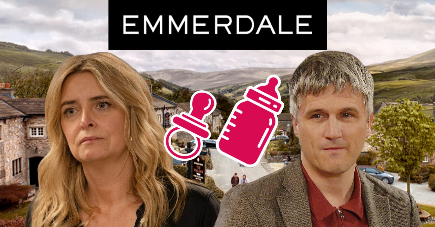 Emmerdale's Charity, Caleb, a baby dummy and bottle, the Emmerdale logo and background of the Dales