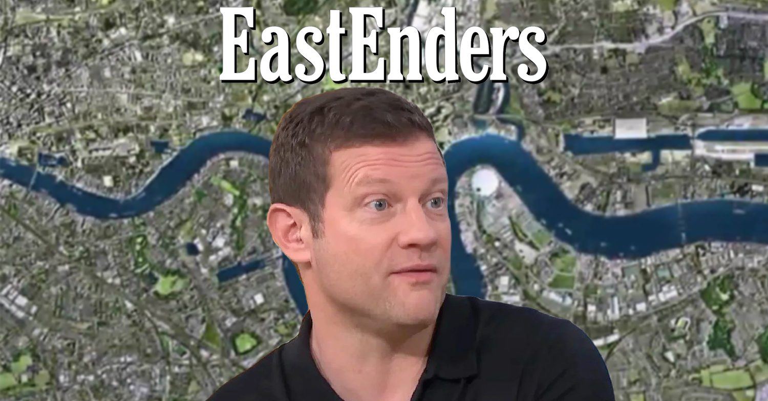 EastEnders logo, Dermot O'Leary and the background of the Thames