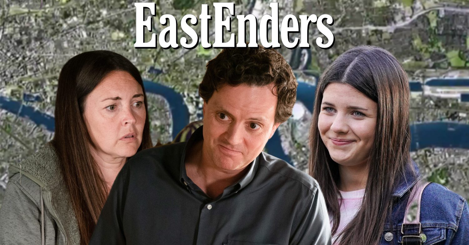 EastEnders' Stacey, Lily, Theo, the EastEnders logo and background of the Thames