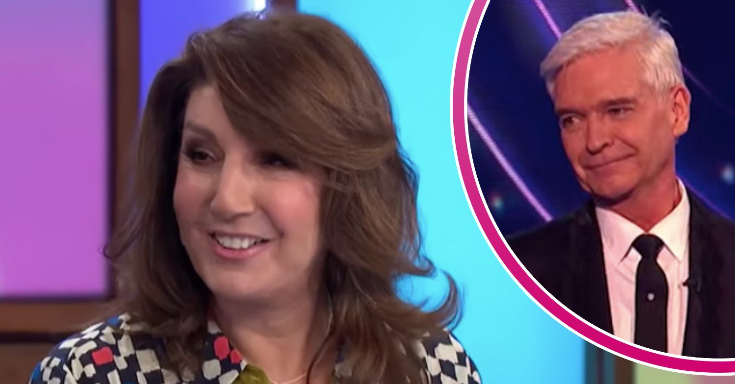 Jane McDonald smiles on Loose Women as Phillip Schofield smiles on Dancing On Ice