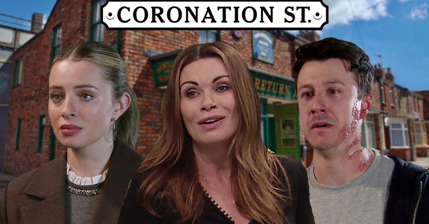 Coronation Street's Daisy, Carla, Ryan, the Coronation Street logo and background of the Rovers