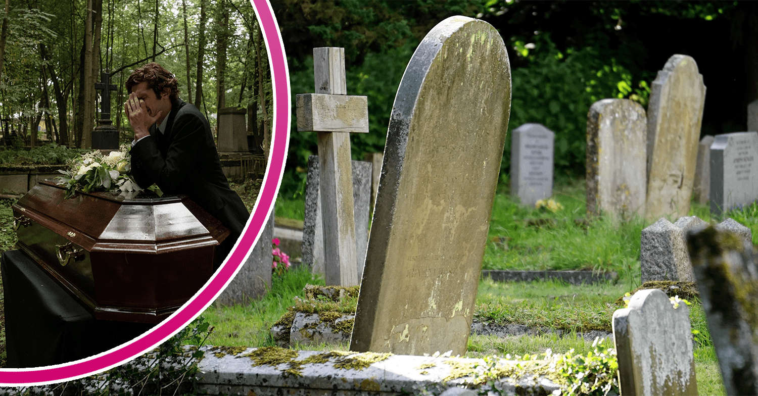 Man weeping over a coffin and a graveyard