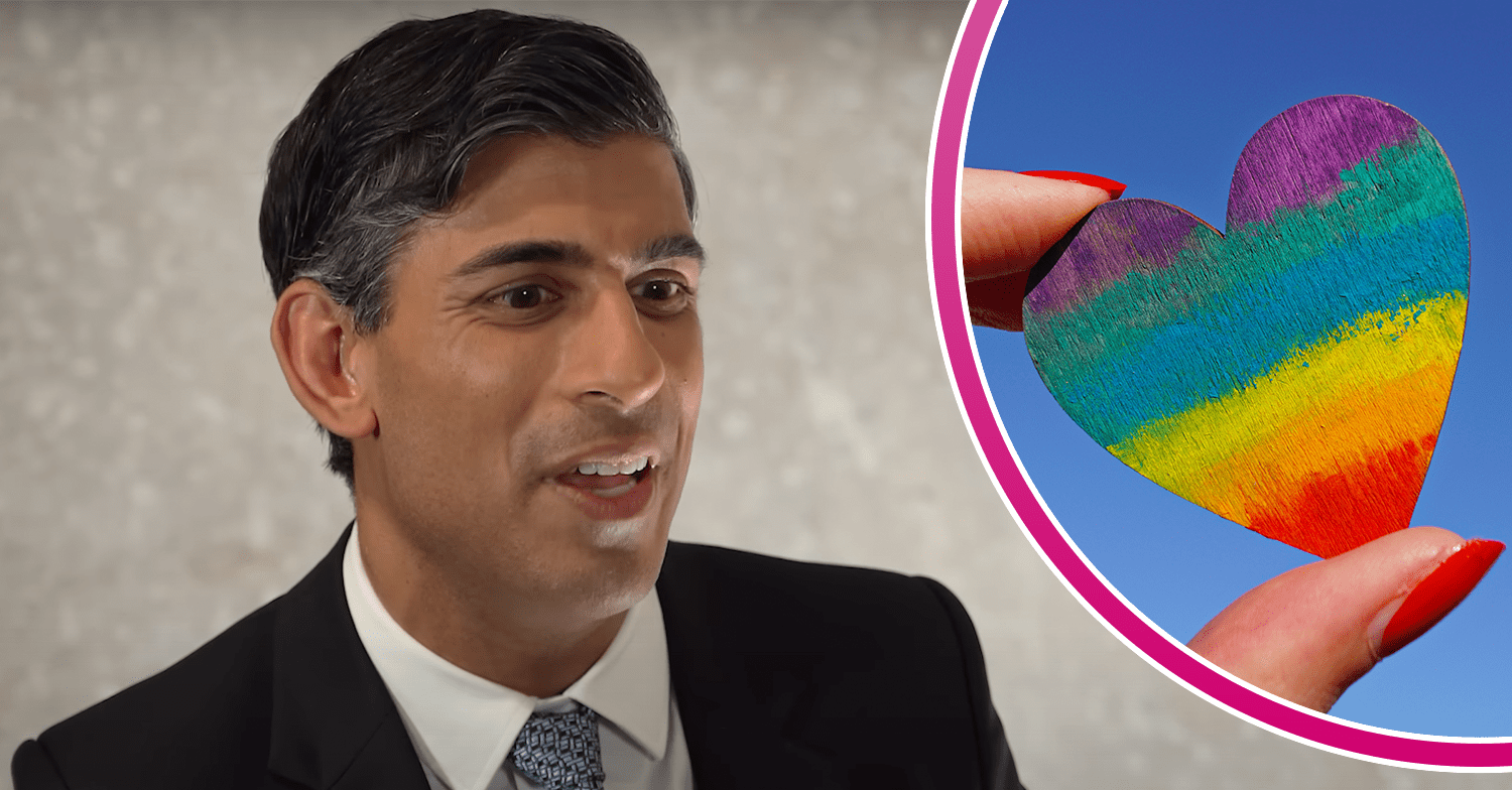Rishi Sunak chatting and someone holding a rainbow heart