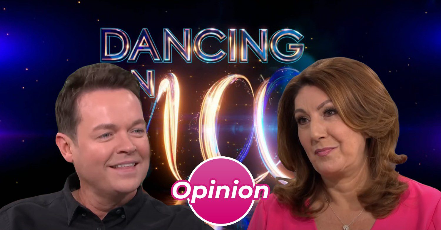 Stephen Mulhern and Jane McDonald smiling in front of Dancing On Ice logo