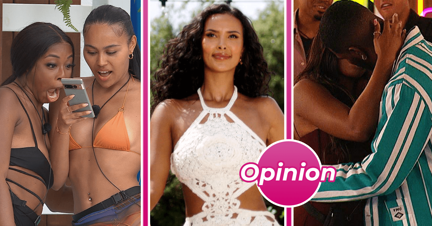 Three images from Love Island 2023 including Maya Jama in a white lace dress