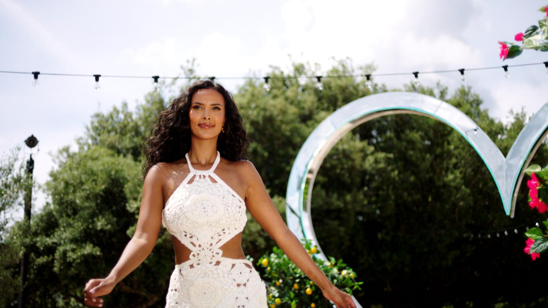 Maya Jama in a white lace dress on Love Island