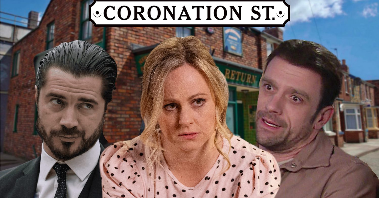 Coronation Street's Adam, Sarah, Damon, the Coronation Street logo and background of the Rovers