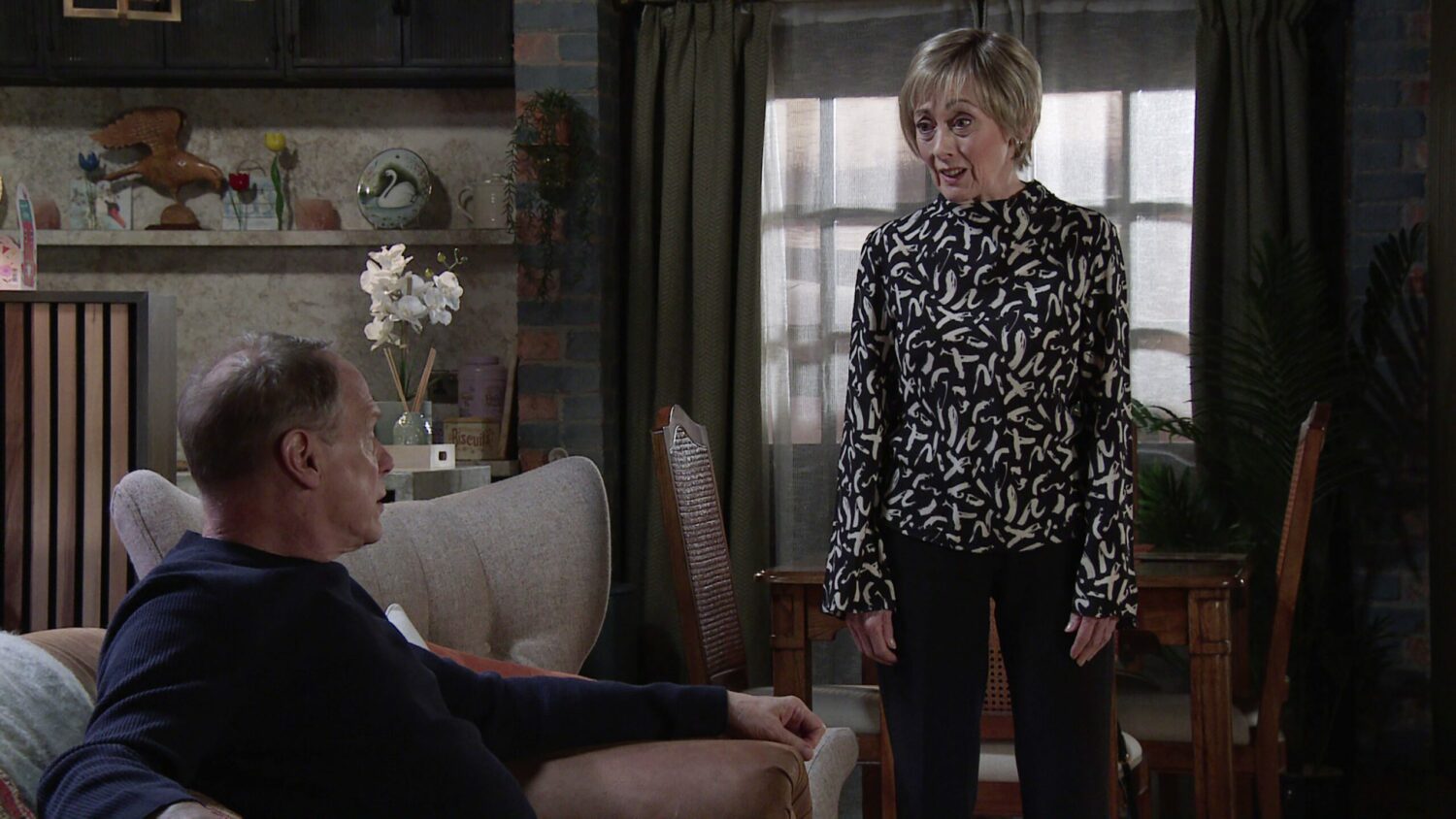 Elaine looks strained in Coronation Street as she talks to Stephen -Todd Boyce and Paula Wilcox pictured