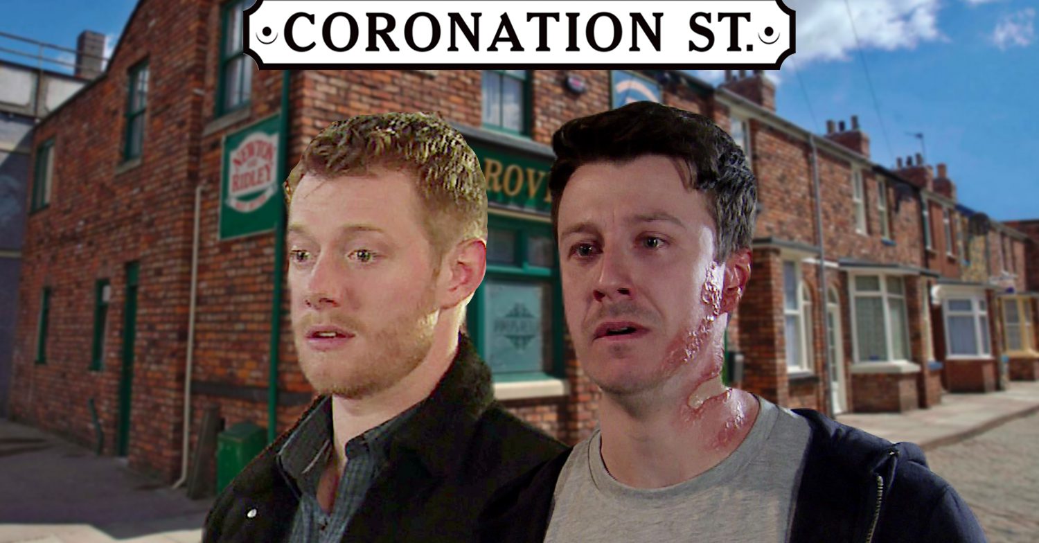Coronation Street's Daniel, Ryan, the Coronation Street logo and background of the Rovers