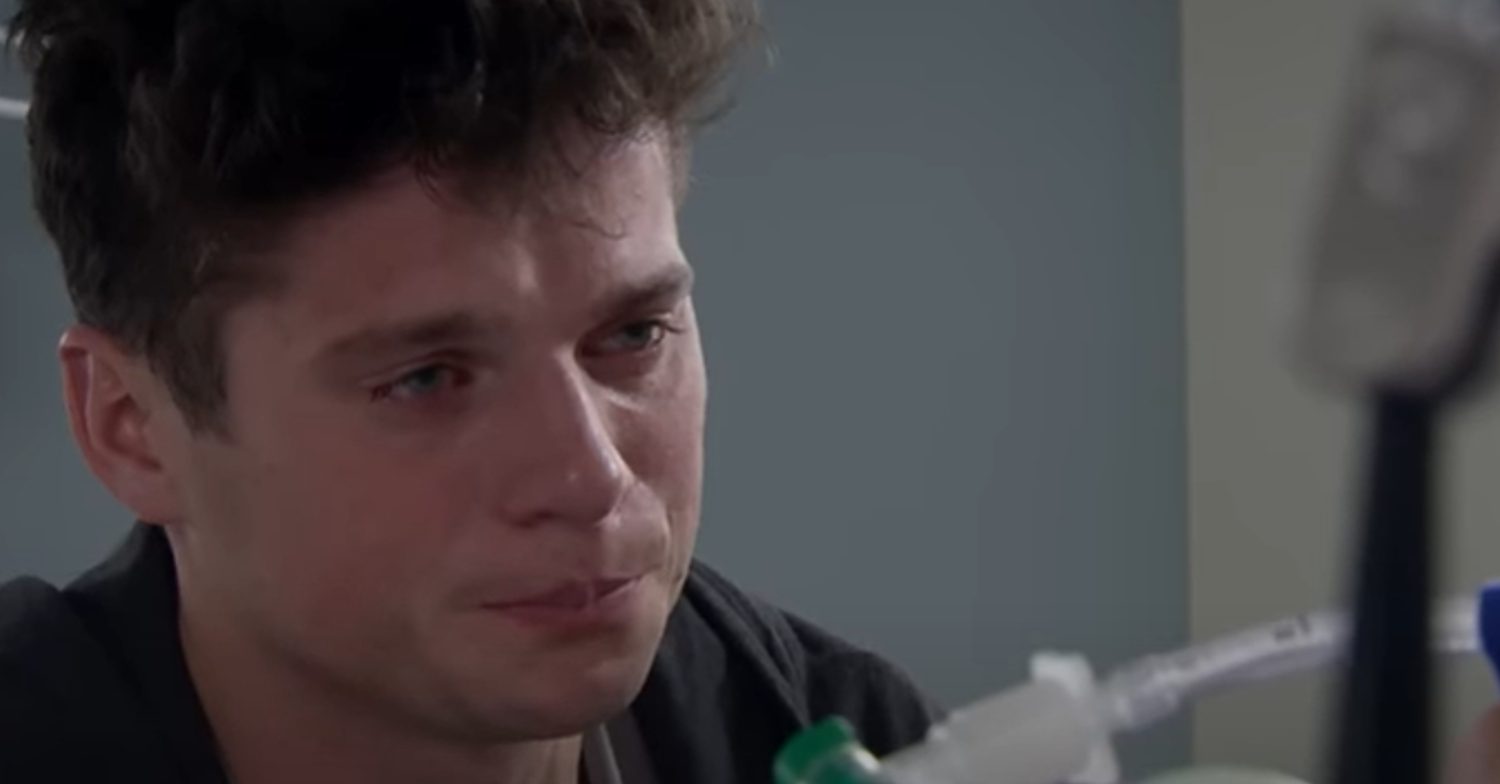 Emmerdale's Nicky is crying at Caleb's hospital bedside