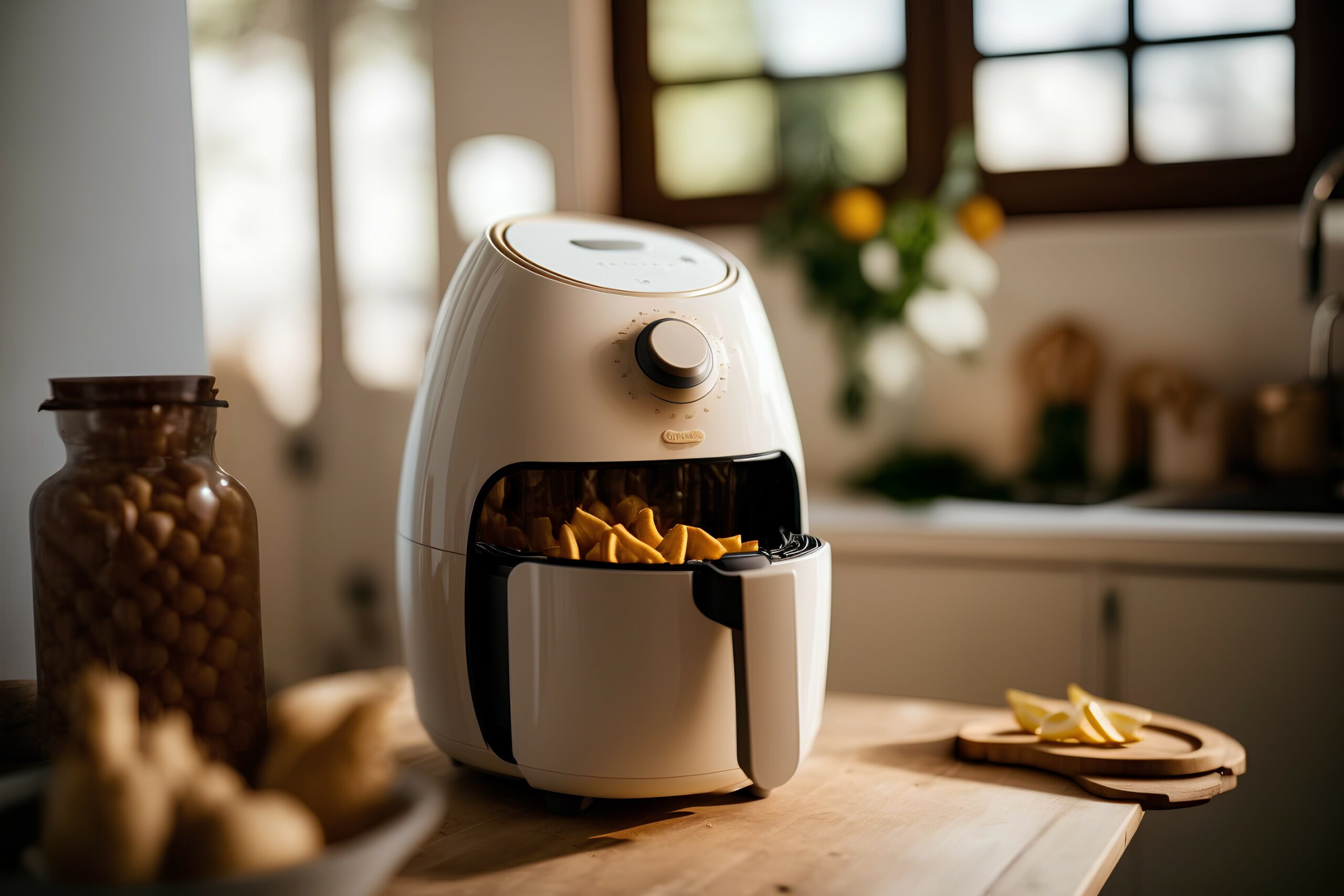 White air fryer with food inside