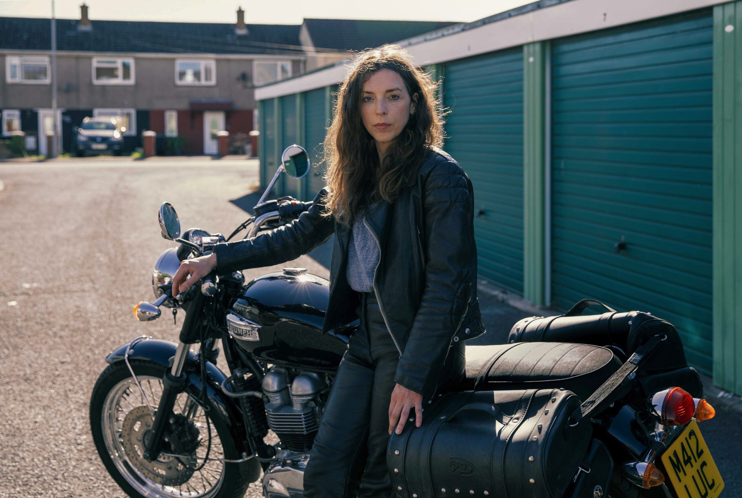 Bridget Christie in biker gear as Linda in The Change 