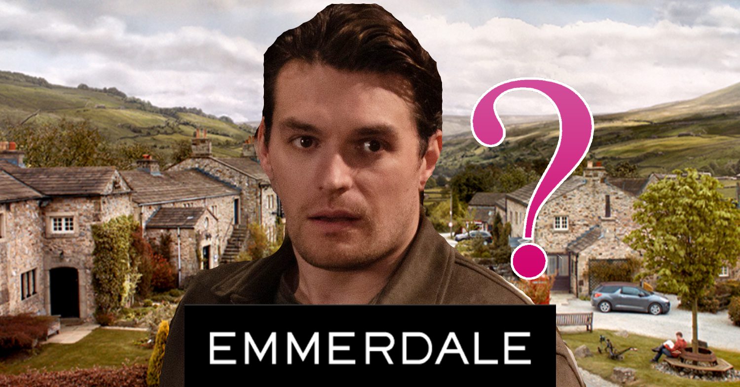 Emmerdale's Mack, a pink question mark, the Emmerdale logo and background of the Dales