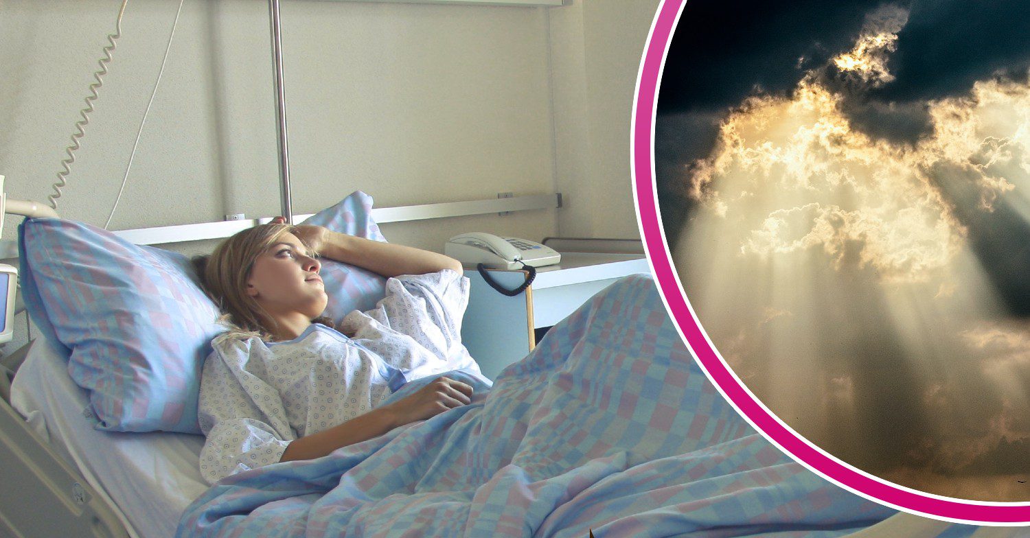 Woman in hospital bed / light shining through clouds