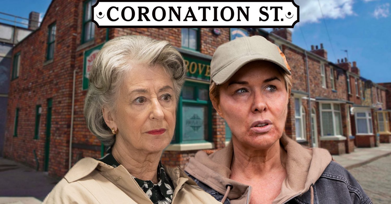 Coronation Street's Evelyn, Cassie, the Coronation Street logo and background of the Rovers