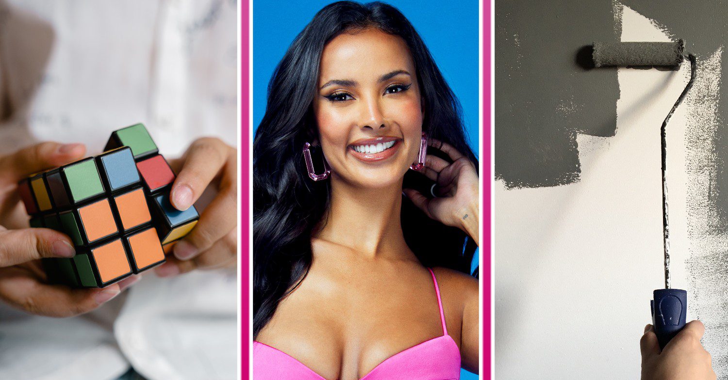 Rubik's cube, Maya Jama in Love Island promo pic, paint on a wall