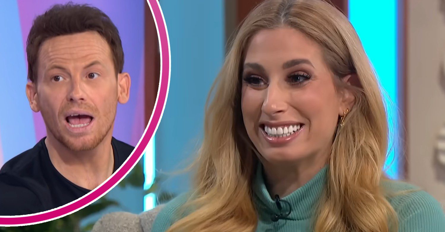Joe Swash mid conversation and Stacey Solomon smiling